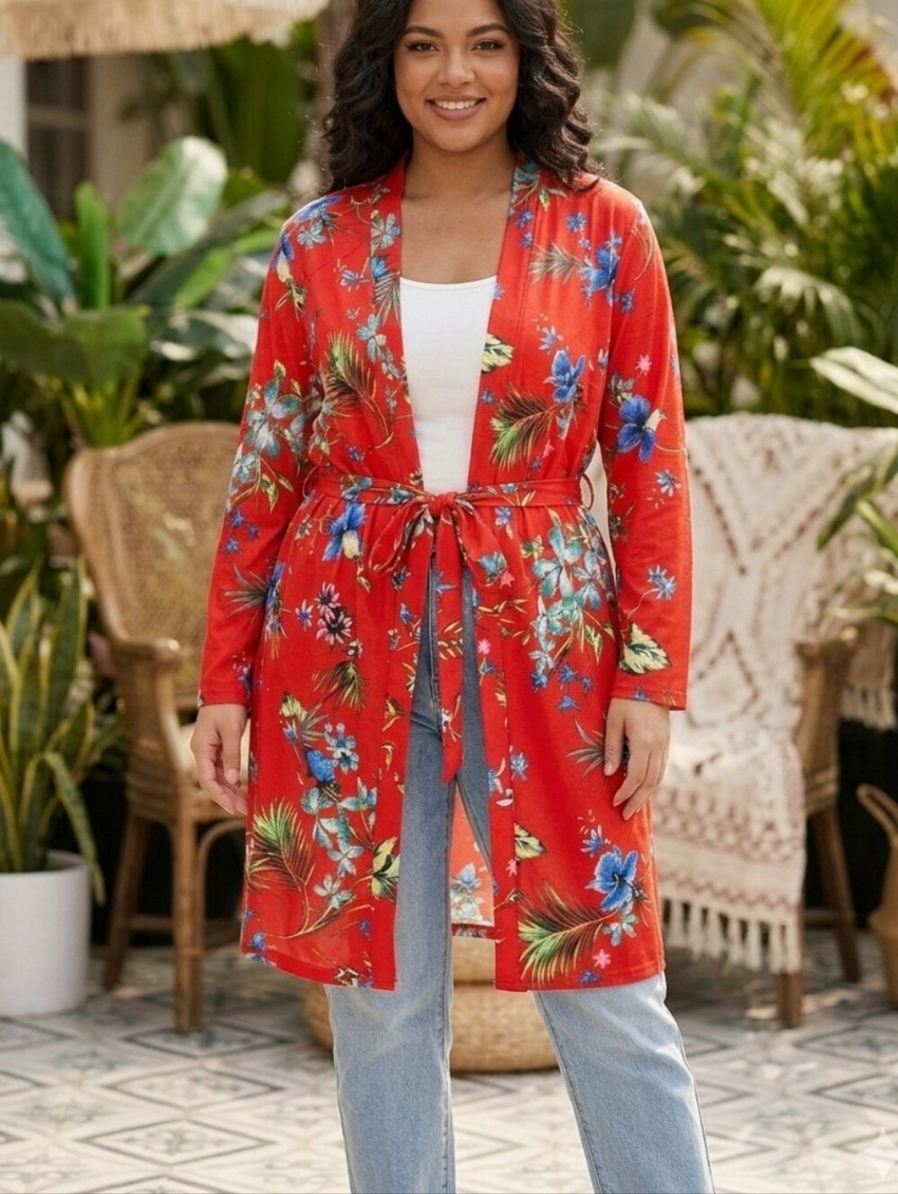 Forever 21 Red Tropical Floral Kimono Duster Swim Cover Up Robe